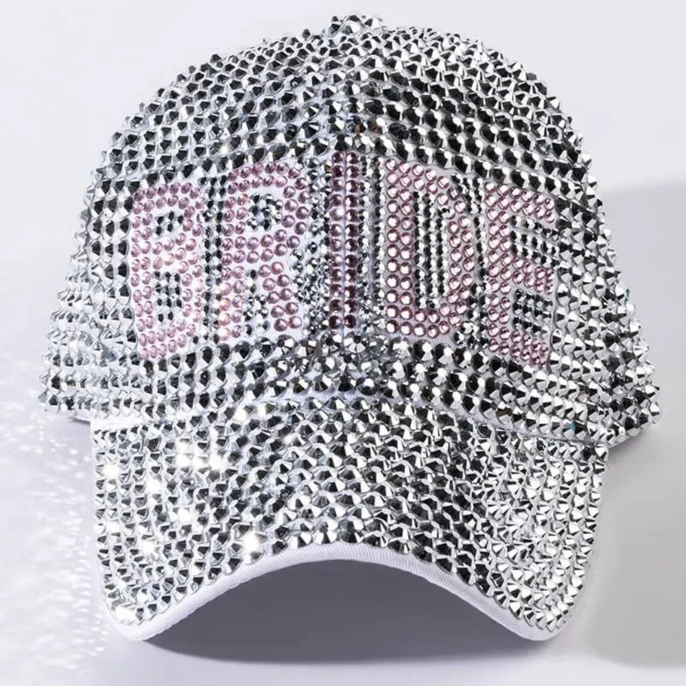 Callie Bride Bling: Pink & Silver Rhinestone Baseball Hat Bridal Wedding Cap - Picture 2 of 5